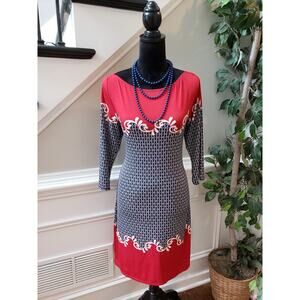 Max Studio Dress Women L Red Navy Floral Printed Polyester Spandex 3/4 Sleeve